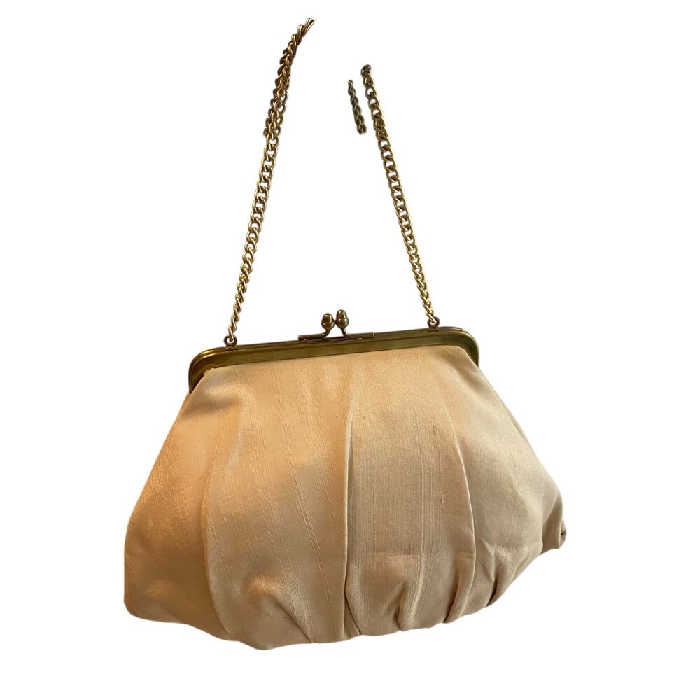 Garay Vintage Beige Satin Purse with golden clasp and chain Clutch